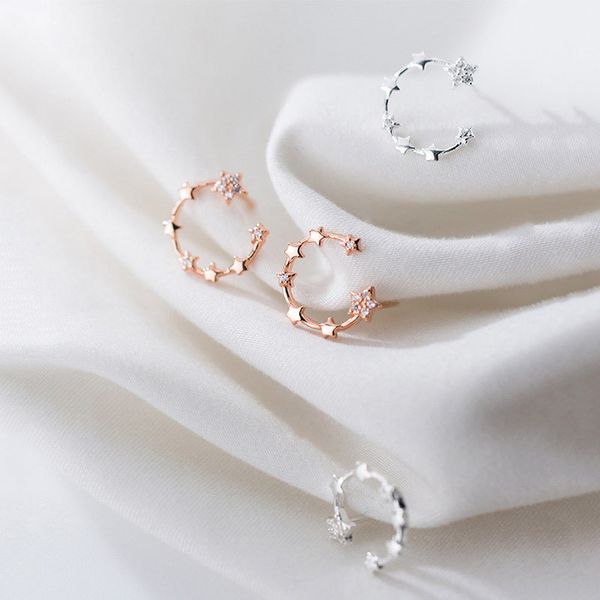 

silver rose gold white rhinestones pentagram pattern c-shaped real 925 sterling silver stud earrings jewelry 12x11mm-1 pair, Golden;silver