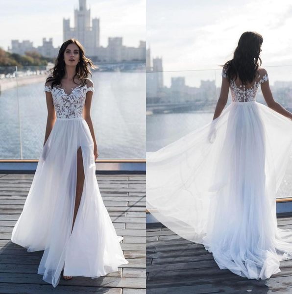 

2019 Новый Дизайн Пляж Длинные Свадебные Платья Sheer Шеи Кружева Аппликация Шифон Дл