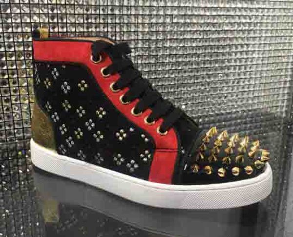 

2019 men black embroidery genuine suede leather with spiked embroidery high red bottom sneakers casual shoes men trainers