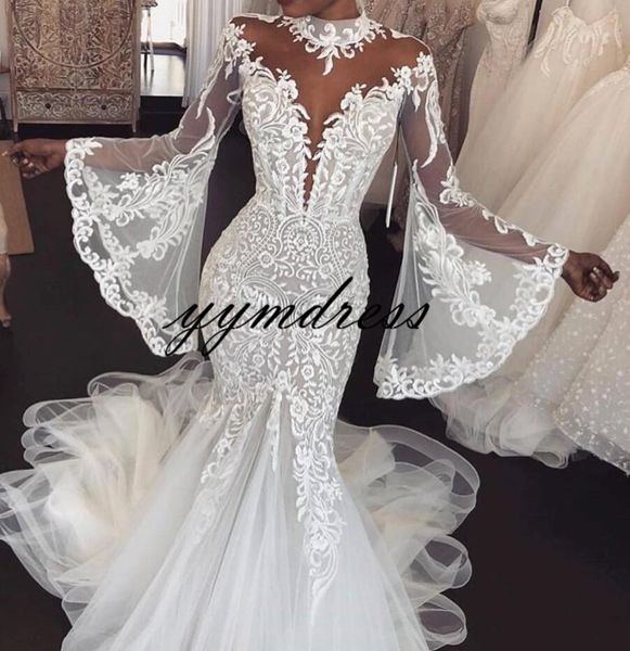 

beach mermaid wedding dresses 2019 high neck sheer long sleeve lace appliques bridal wedding gowns vestido de novia, White