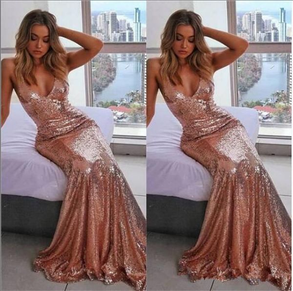 Sexy Rose Gold Bling Bling Mermaid Prom Dresses Spaghetti tiras Pavimento lantejoulas comprimento formal da ocasião especial simples do partido vestidos de desgaste do partido