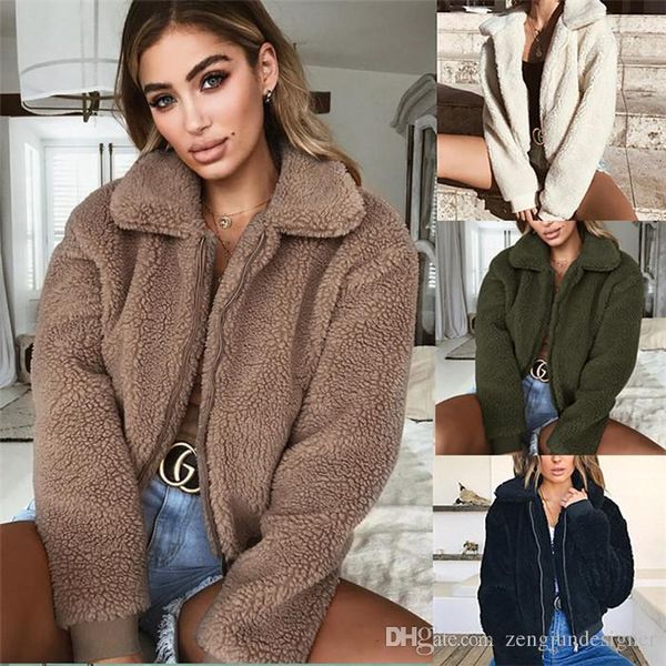 

женская autumm конструктор сплошной цвет шерсти отворотом neck с длинным рукавом на молнии карман женщины верхняя одежда мода повседневная о, Black