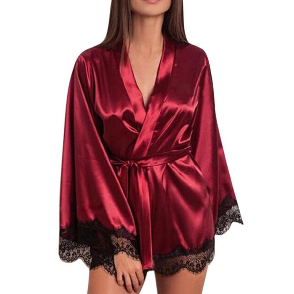

casual robe de nuit femme homewear women satin nightdress silk lace lingerie nightgown sleepwear robe night dress, Black;red