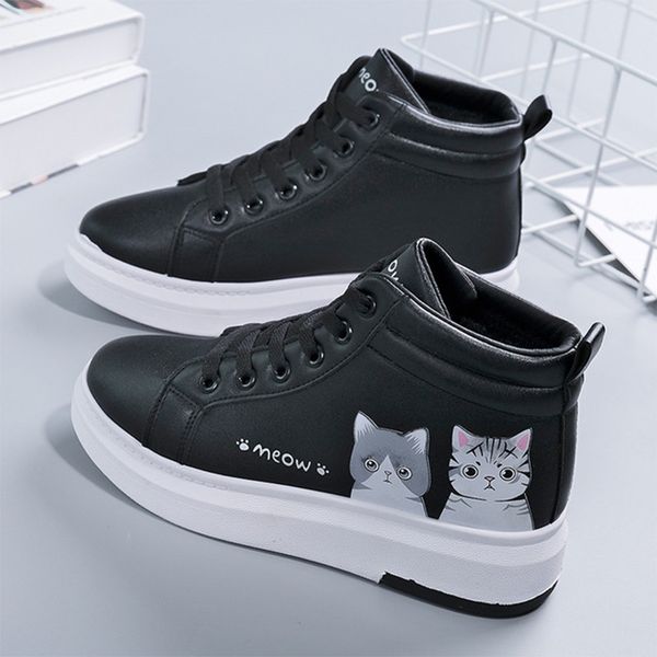 

Women Winter Sneakers Female Cute Cat With Plush Flat Woman Lace Up High Top Warm Ladies Vulcanized Shoes Women's White Shoes