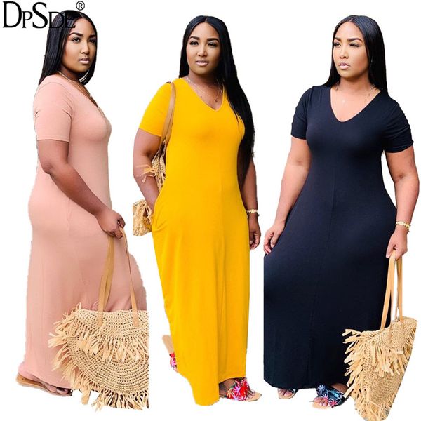 

dpsde women 2020 summer fashion street casual style long dresses short sleeve v neck pure color ankle-length dresses, Black;gray