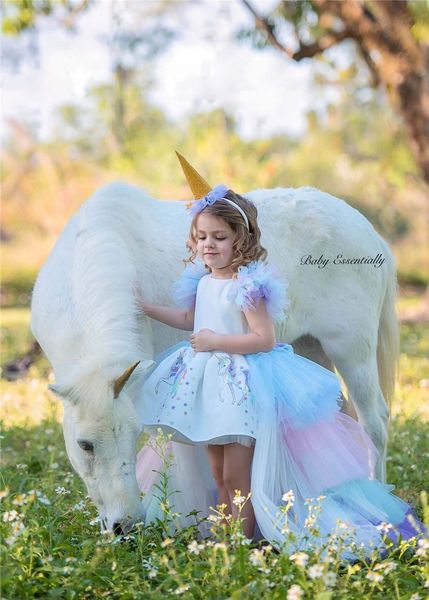 

рождество пушистый цветок девушка платье великолепная принцесса единорог backless длинный хвост свадебное платье kid театрализованное hallow, White;blue