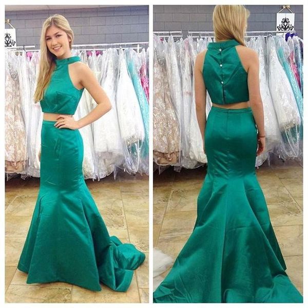 

two pieces teal turquoise prom dresses high neck sleeveless satin mermaid long formal evening party gowns custom size, Black