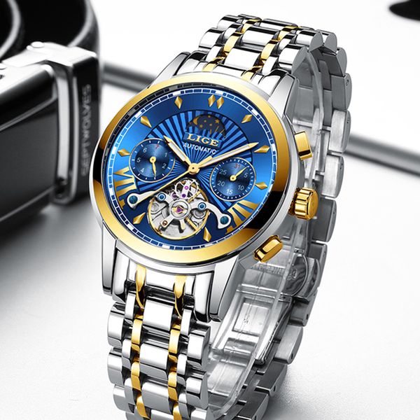 

lige men luxury automatic mechanical watch men sports waterproof luminous stainless steel watches relogio masculino, Slivery;brown