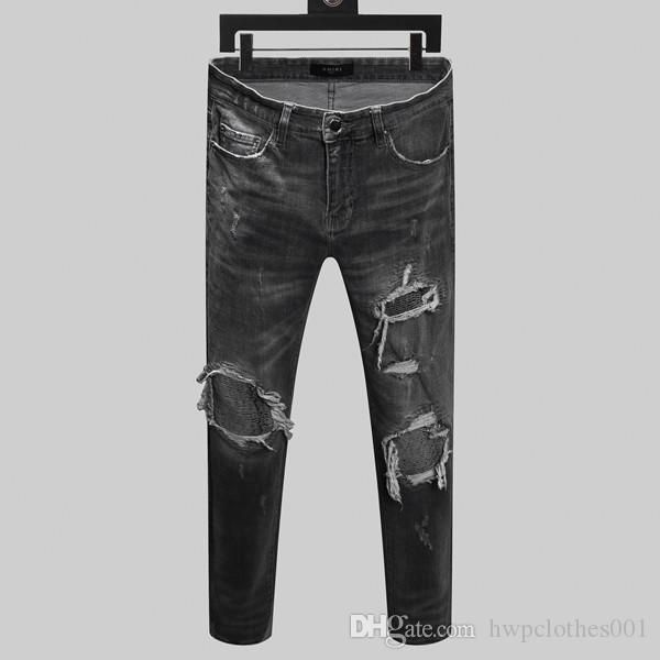 

mens designer hole elastic zipper men's motorcycle skinny jeans fashion male skinny male personality mens joggers trousers, Blue