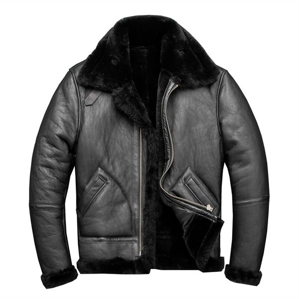 

2020 black men american style winter b3 bomber shearling coat real thick sheepskin pilot leather jacket ing