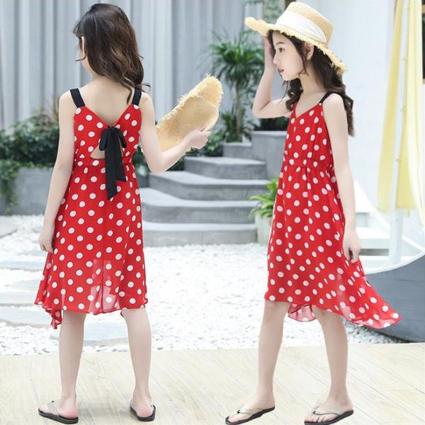 

child clothing summer girl clothes dot print chiffon suspender dress beach dress party nightdress 3-10 quality kids's wear, Red;yellow