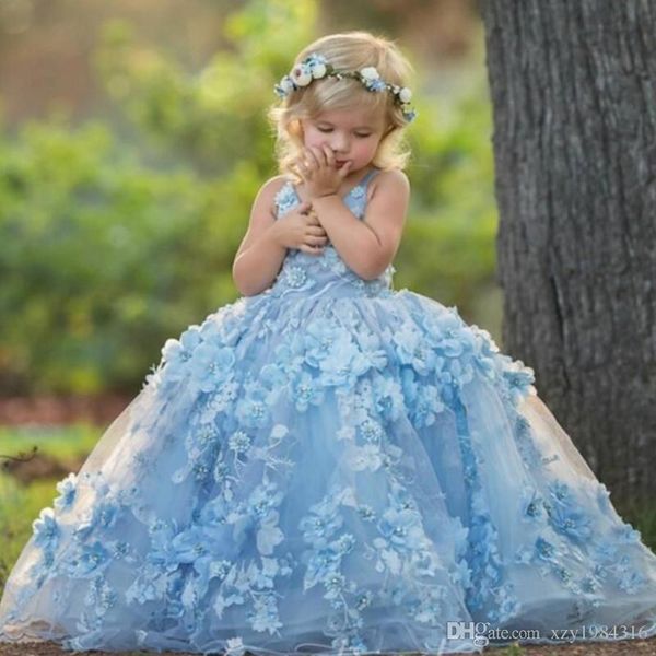 

lovely blue flower girls dresses v neck beads handmade flowers toddlers pageant dress floor length princess party gowns for wedding, White;blue