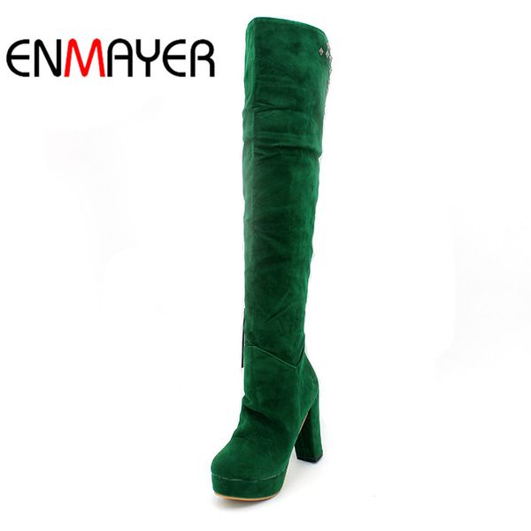 

enmayer 2018 autumn boots knee high heel boots rivets women snow fashion winter footwear warm long flock boot shoes woman, Black