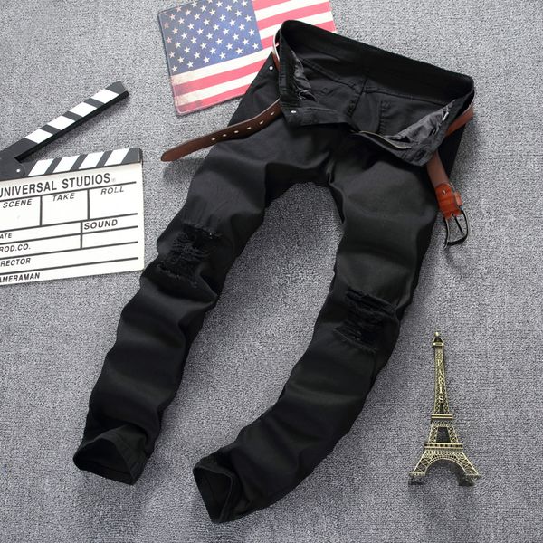 

мужские дизайнерские брендовые черные джинсы тощие рваные эластичные slim fit хип-хоп брюки отверстие, Blue