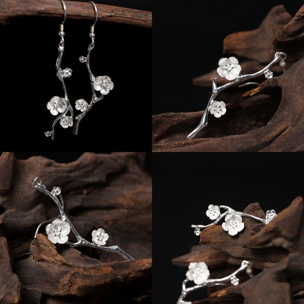 

925 originality design literature s silver asymmetry plum blossom long fund eardrop mori nation wind earrings 18k gold jewelry, Golden