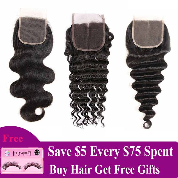 

малайзийский виргинские волосы кружева закрытие прямой тело глубокая волна воды бразильский реми волосы свободные глубокий 4x4 кружева закры, Black