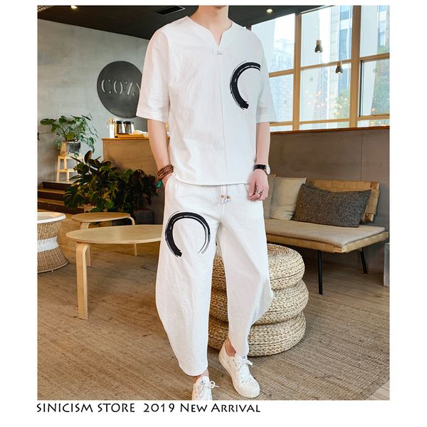 

sinicism store tracksuit men circle streetwear 2019 mens summer embroidery linen 2 piece sets male chinese vintage joggers suits, Gray