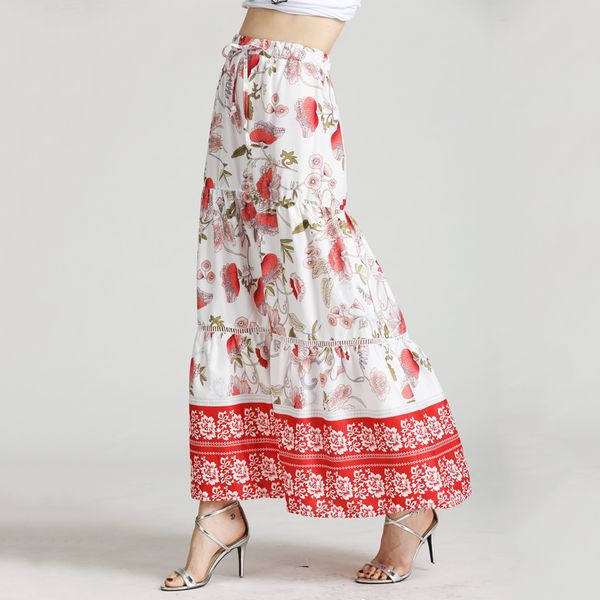 

beforw boho floral print lace up long skirt summer casual beach maxi skirts womens 2019 harajuku vintage high waist skirt, Black