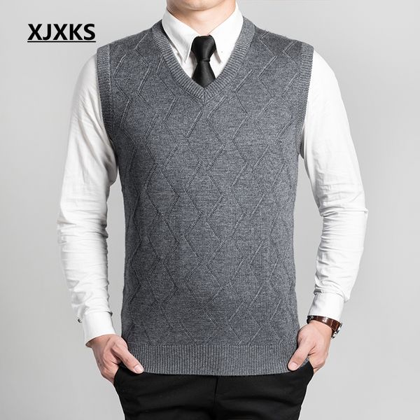 

xjxks new autumn and winter cashmere v-neck men's vest sleeveless sweater hedging men casual knit pullovers pull homme, Black;white