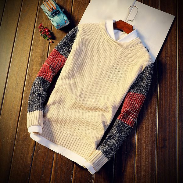 

men sweater vintage long sleeve knitwear pullover round neck sweater splice slim men's jumper, White;black