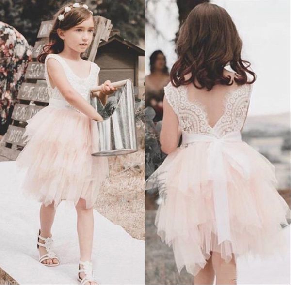

latest lovely blush flower girls dresses short v neckline back out tier skirt bow lace kids halloween party gowns christmas dresses, White;blue