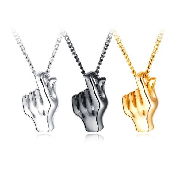 

hip hop jewelry tide men charm love gesture necklace fashion stainless steel punk gesture pendant chain gold silver black necklaces for men