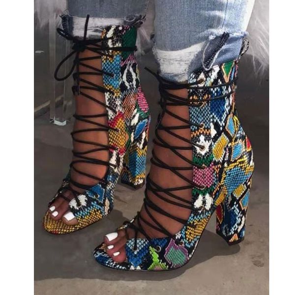 

2019 new green snake skin print ankle boots peep toe lace-up chunky high heels gladator sandals female booties ladie shoes, Black