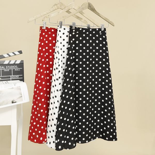 

2020 new women high waist polka dots skirt elegant midi length skirts wrap dots chiffon skirt korean fashion, Black