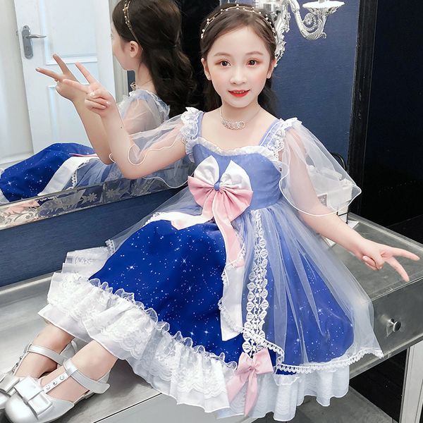 

summer lovely lolita princess dress sweet cute girls' starry sky skirt bowknot lace design cotton mesh dress for girls zl653, Red;yellow