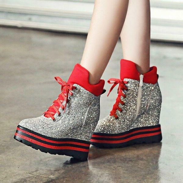 

womens sequins bling sliver glitter high wedge heel sneakers ankle boots platform lace up shoes 4colors plus size a1511, Black