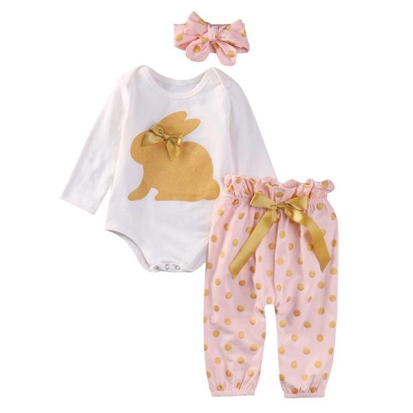 

малыш детская одежда набор новорожденных девочек печатных ползунки топы + точка брюки + повязка на голову наряды весна младенческой ребенок, White