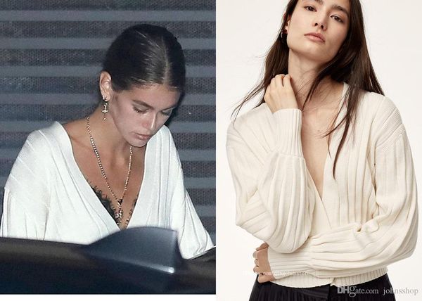 

kaia gerber with loose loose v-neck two button knit sweater thin bubble lantern sleeve sweater female europe and america, White;black