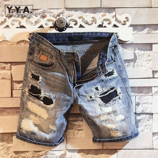 

summer casual mens wash straight denim shorts fashion hole ripped slim fit knee length jeans men retro distressed jean trousers, Blue