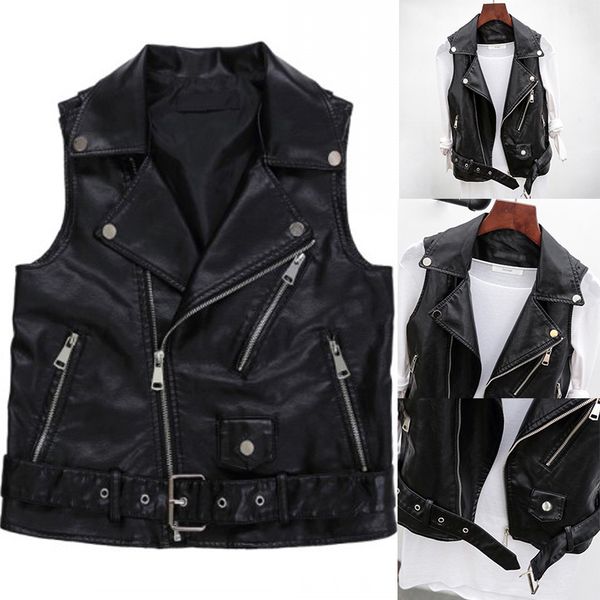 

womens ladies vintage coats sleeveless biker waistcoat gilet faux leather jacket, Black;white