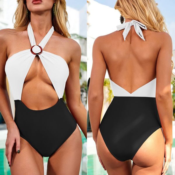 

new fashion backless swimming suit women lace up neck swimsuit hollow female swimwear patchwork