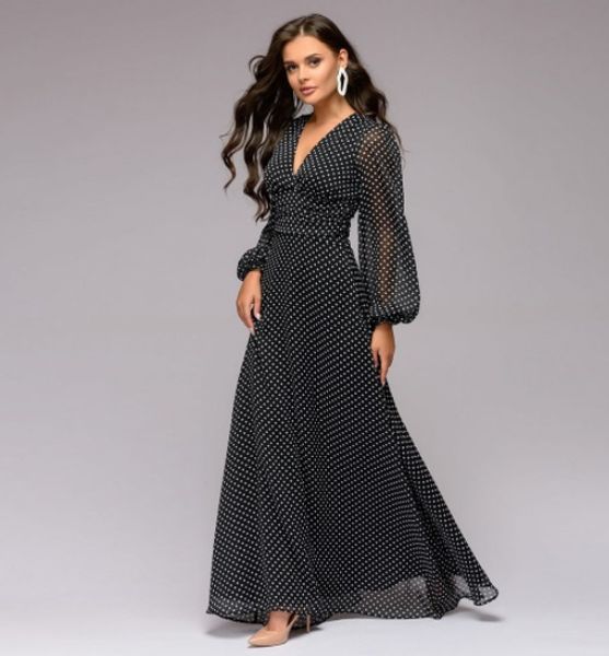 

2019 european and american women's long dress summer hepburn round dot printing evening dress long sleeve chiffon retro dress, Black;gray
