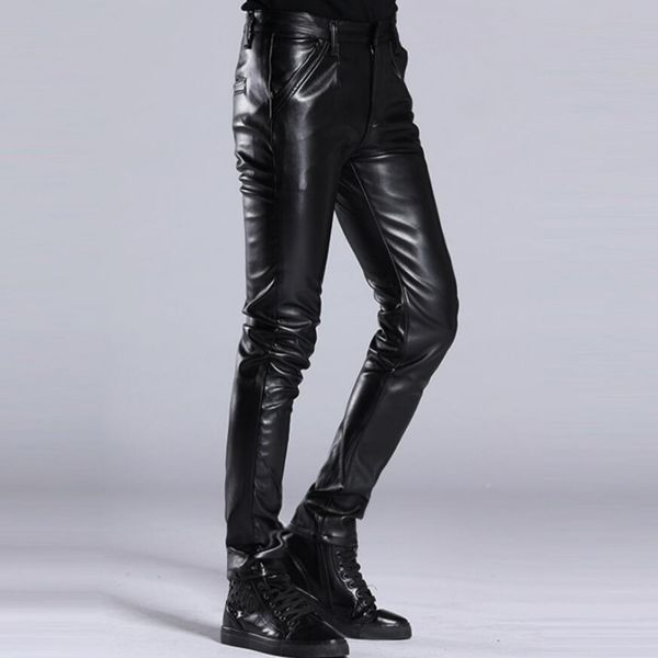 

italian design new brand mens fashion slim fit pu leather pants punk male motorcycle pants trousers size 27-36, Black