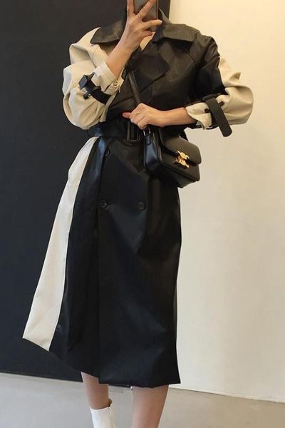 

2020 new autumn and winter full sleeve pu leather contrast color long trench coat women, Tan;black