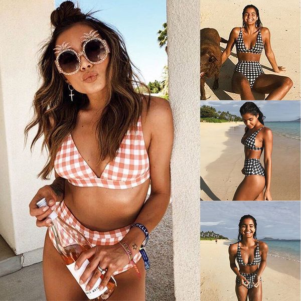 

2019 gingham swimsuit plaid print high waist bikini set women's push up swimwear summer bathing suit female bather