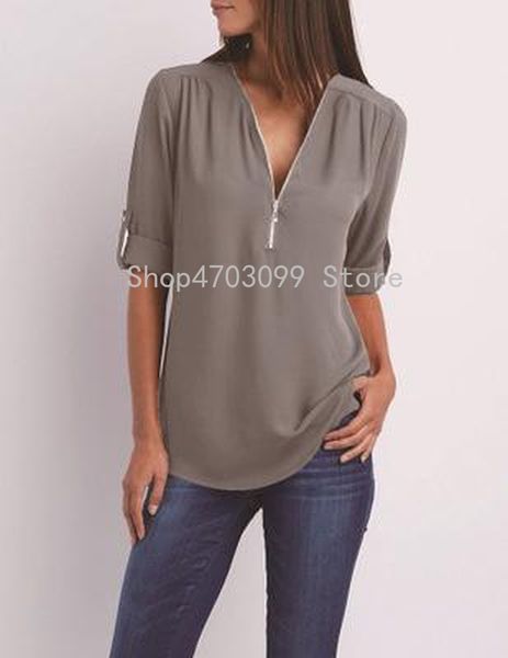 

2019 summer women chiffon blouse casual zipper v-neck half-sleeve loose tee shirt women 17 colors, White