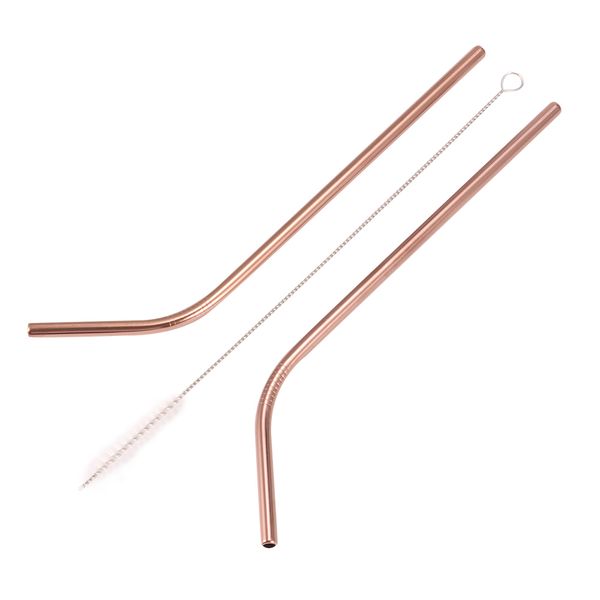 

2pcs/lot rose gold straw 304 stainless steel straws reusable bent metal fruit cleaner brush for home party bar tool