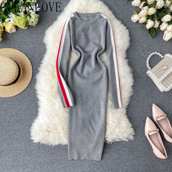

oceanlove striped bodycon dress women autum winter knitted midi dresses 2019 stretch vintage fashion vestidos winter 13366, Black;gray