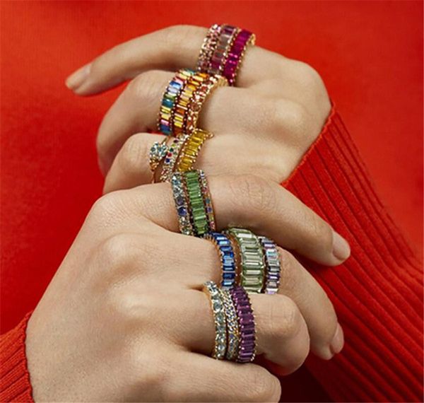 

10 colors rainbow diamond rings girl crystal ring women stainless steel diamond rings fashion metal jewery striped ring wholesale afj686, Red;brown