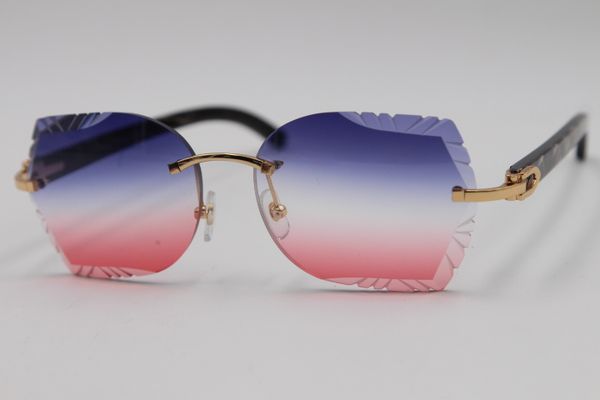 

wholesale new rimless sunglasses 8200761 black flower buffalo horn rimless sunglasses men buffalo horn carved lens blue mirror lens, White;black