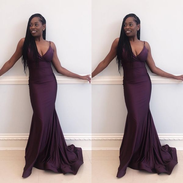

african long mermaid prom dresses 2019 spaghetti straps backless grape custom made evening gowns elastic satin plus size party dress