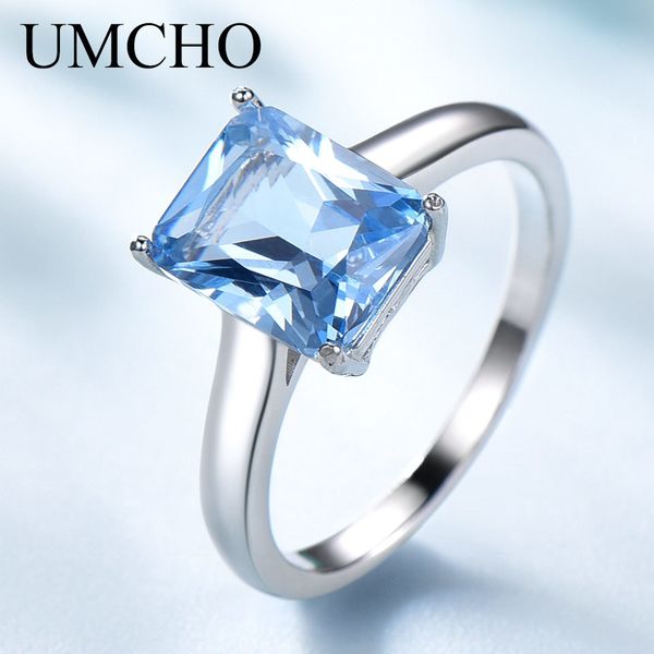 

umcho luxury created aquamarine gemstone rings for women solid 925 sterling silver wedding engagement fine jewelry part gift new, Slivery;golden