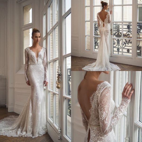 

berta 2020 wedding dresses v neck long sleeves lace appliques sequins bridal gowns backless beach mermaid wedding dress, White