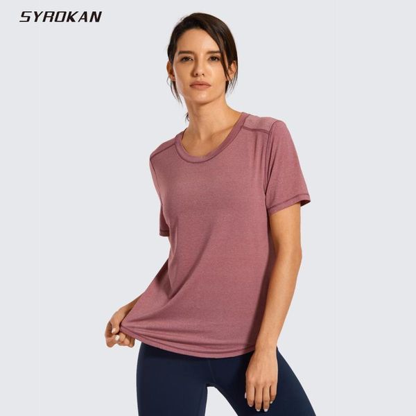 

syrokan women's lightweight heather loose fit short sleeve sport shirt workout top, Black;blue