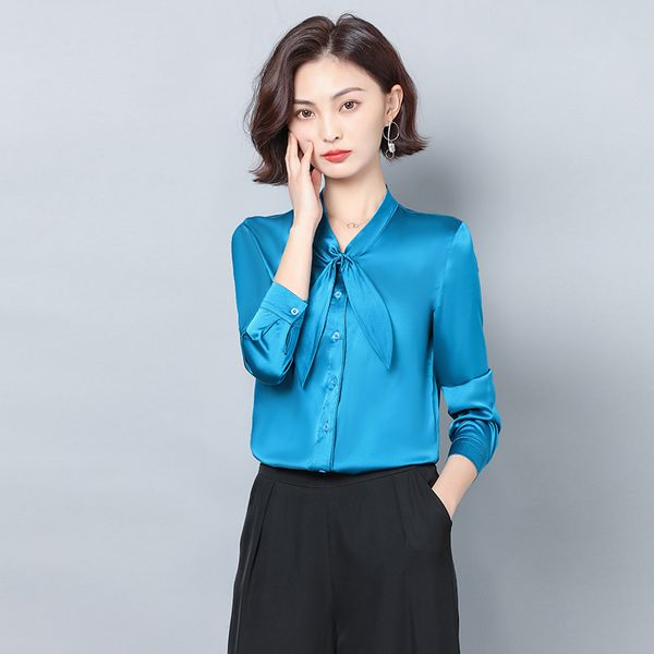 

women's blouses & shirts satin silk shirt women spring autumn long sleeve elegant work wear blusas korean fashion blue white blouse red
