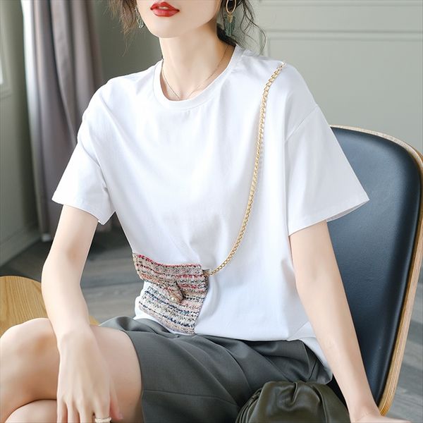 

2020 wear tweed pocket chain bag t-shirt women's loose t-shirt solid color all-match short sleeve top, White
